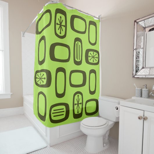 Midcentury MCM Rounded Rectangles Chartreuse Douchegordijn (In situ)