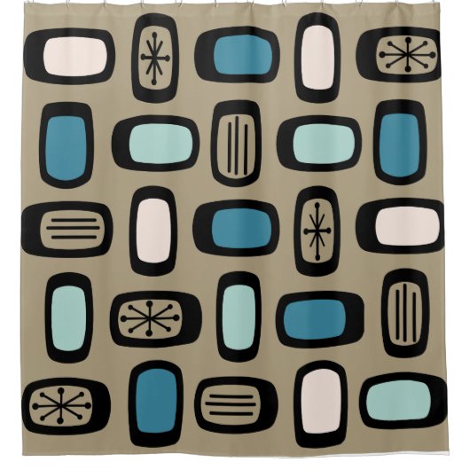 Midcentury MCM Rounded Rectangles Gold Blue Douchegordijn (Voorkant)