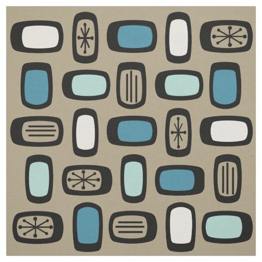 Midcentury MCM Rounded Rectangles Gold Blue Stof (Swatch)