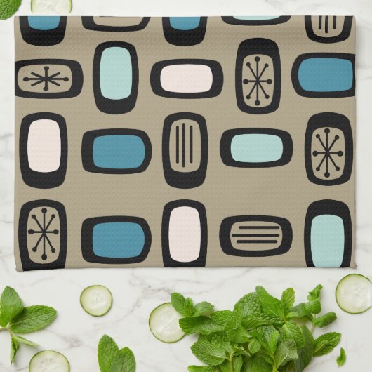 Midcentury MCM Rounded Rectangles Gold Blue Theedoek (Gevouwen)