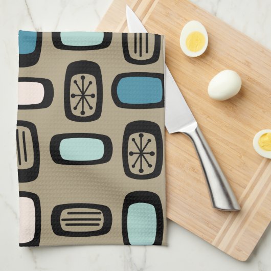 Midcentury MCM Rounded Rectangles Gold Blue Theedoek (Quarter Fold)