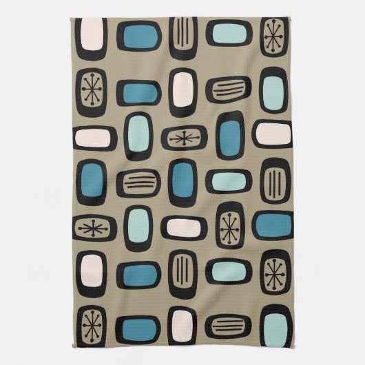 Midcentury MCM Rounded Rectangles Gold Blue Theedoek (Verticaal)