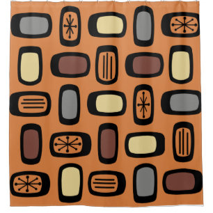 Midcentury MCM Rounded Rectangles Orange Brown Douchegordijn