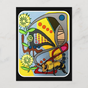 'MidCentury Mod Abstract Garden Bee' schilderij op Briefkaart
