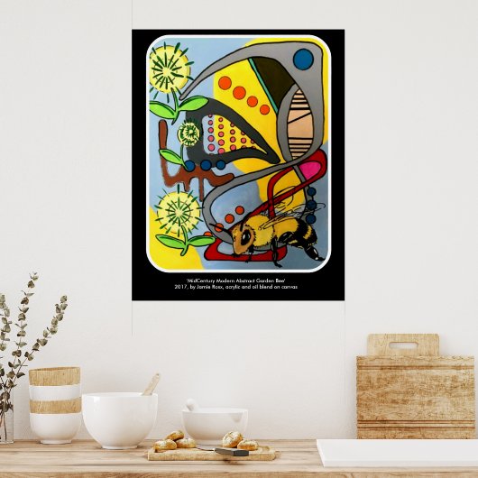 'MidCentury Mod Abstract Garden Bee' schilderij op Poster (Keuken)
