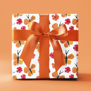 Midcentury Modern Butterfly Poppy Rood Sinaasappel Cadeaupapier