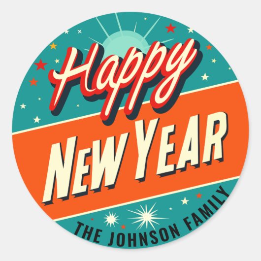 Midcentury Modern Gelukkig Nieuwjaar Ronde Sticker (Voorkant)