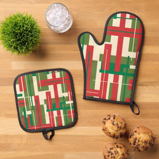 Midcentury Modern Geometrisch Abstract Kerstfeest Ovenwant & Pannenlap Set (Top down)