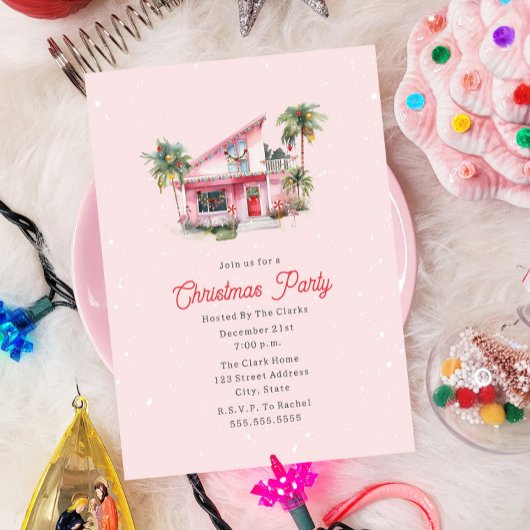 Midcentury Modern House Roze Kerstfeest Kaart