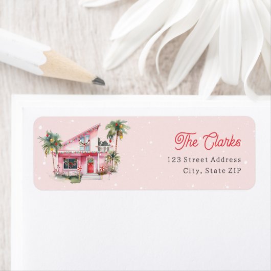 Midcentury Modern Huis Roze Kerstmis Etiket (Insitu)