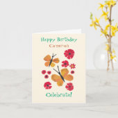 MidCentury Modern Oranje vlinder Leuke verjaardag Kaart (Gele Bloem)