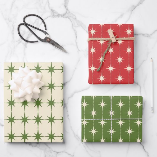Midcentury Modern Retro Christmas Starbursts Inpakpapier Vel (Voorkant)