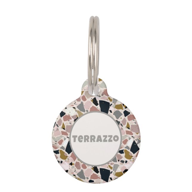 Midcentury Modern Roze Zwart Grijs en Tan Terrazzo Huisdierpenning (Voorkant)