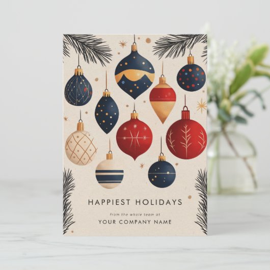 Midcentury Moderne Kerst Ornamenten Bedrijf Feestdagenkaart (Staand voorkant)
