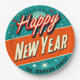 Midcentury Moderne Stijl Gelukkig Nieuwjaar Papieren Bordje