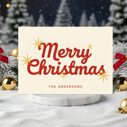 Midcentury Starburst Script Merry Christmas Feestdagen Kaart