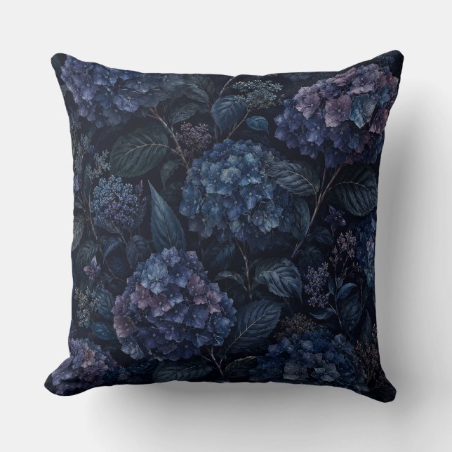 Middag Hydrangea Worpkussen | Donker Bloemmotief Kussen (Voorkant)