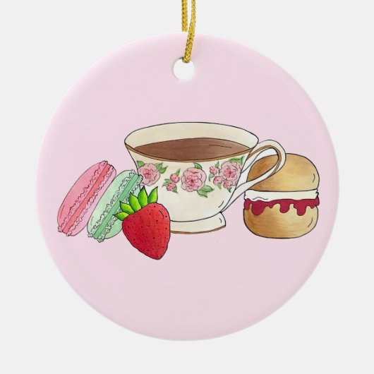 Middag Tea Party Macarons Teacup Cream Scone Keramisch Ornament (Voorkant)