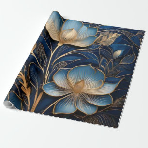 Middagblauw & Gouden Bloem Sluitwerk Luxe Cadeaupapier