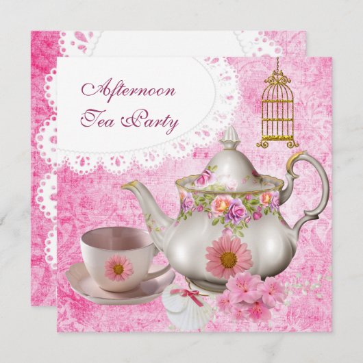 Middagmiddag Tea Partij  Roze Floral Teapot Kaart (Voorkant / Achterkant)