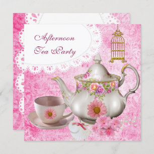 Middagmiddag Tea Partij  Roze Floral Teapot Kaart