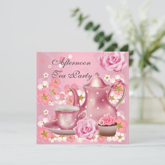 Middagmiddag Tea Partij  Roze Roze Teapot Kaart (Staand voorkant)
