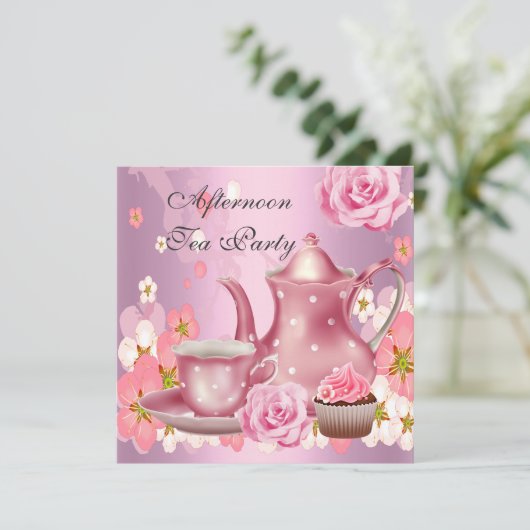 Middagmiddag Tea Partij  Roze Roze Teapot Kaart (Staand voorkant)