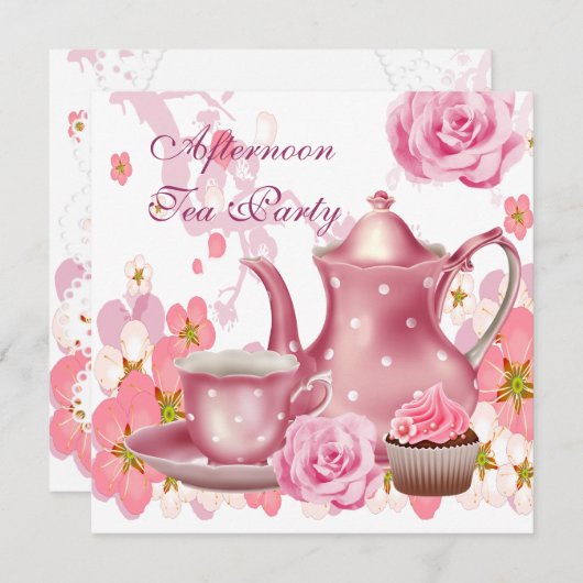 Middagmiddag Tea Partij Roze Roze Teapot Kaart (Voorkant / Achterkant)