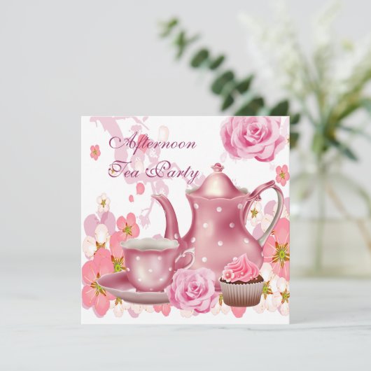 Middagmiddag Tea Partij  Roze Roze Teapot Kaart (Staand voorkant)