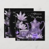 Middagmiddag Tea Partij  zwarte Paarse Teapot Kaart (Voorkant / Achterkant)