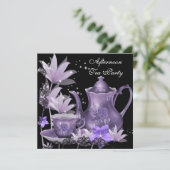 Middagmiddag Tea Partij  zwarte Paarse Teapot Kaart (Staand voorkant)