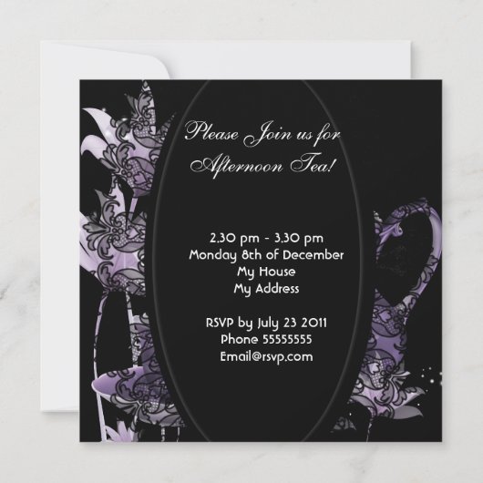 Middagmiddag Tea Partij  zwarte Paarse Teapot Kaart (Achterkant)