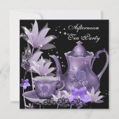 Middagmiddag Tea Partij  zwarte Paarse Teapot Kaart (Voorkant)