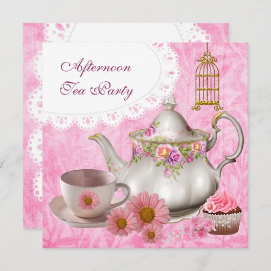 Middagmiddag Tea Party Cupcake Pink Floral Teapot Kaart (Voorkant / Achterkant)