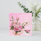 Middagmiddag Tea Party Pink Peach Roos Floral Teap Kaart (Staand voorkant)