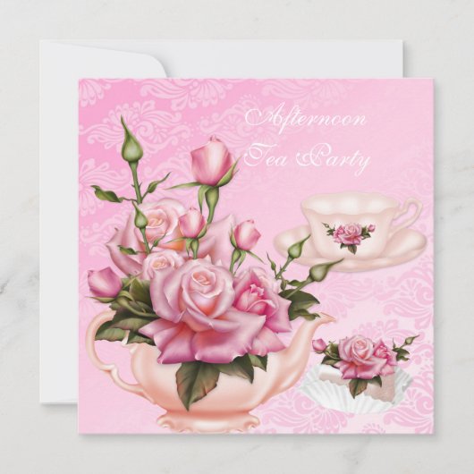 Middagmiddag Tea Party Pink Peach Roos Floral Teap Kaart (Voorkant)