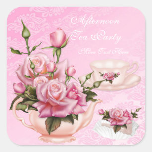 Middagmiddag Tea Party Pink Peach Roos Floral Teap Vierkante Sticker