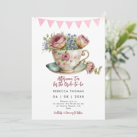 Middagthee rozen bruids doucheuitnodiging kaart (Staand voorkant)