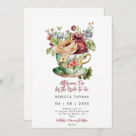 Middagthee rozen bruids doucheuitnodiging kaart (Voorkant / Achterkant)