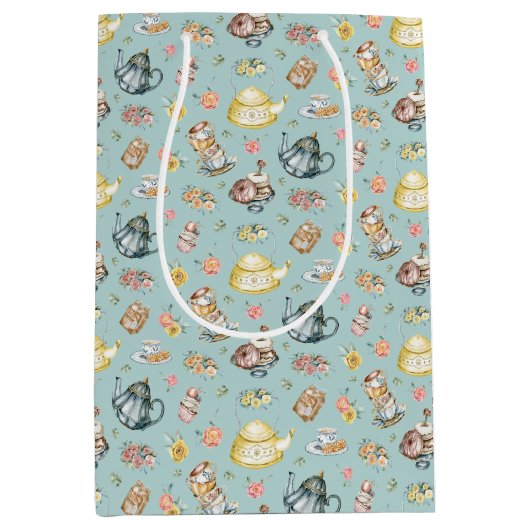 Middagthee & Rozen Patroon op Aqua Medium Cadeauzakje (Voorkant)