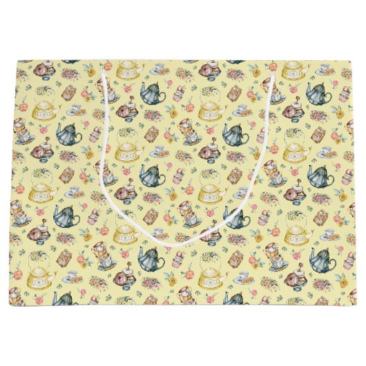 Middagthee & Rozen Patroon op geel Groot Cadeauzakje (Voorkant)