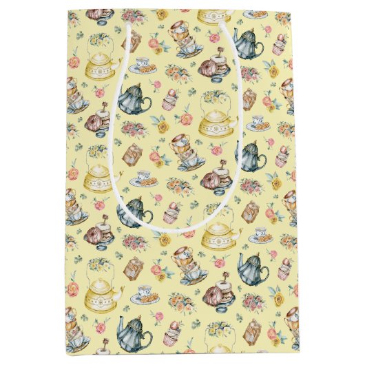  Middagthee & Rozen Patroon op geel Medium Cadeauzakje (Voorkant)