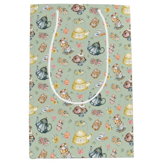 Middagthee & Rozen Patroon op Groen Medium Cadeauzakje (Voorkant)