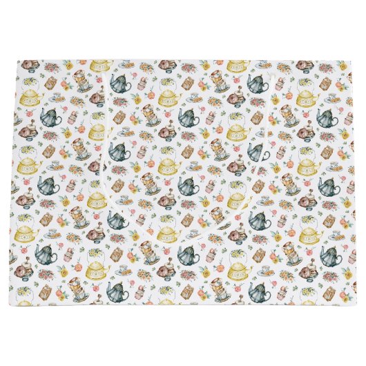  Middagthee & Rozen Patroon op Wit Groot Cadeauzakje (Voorkant)