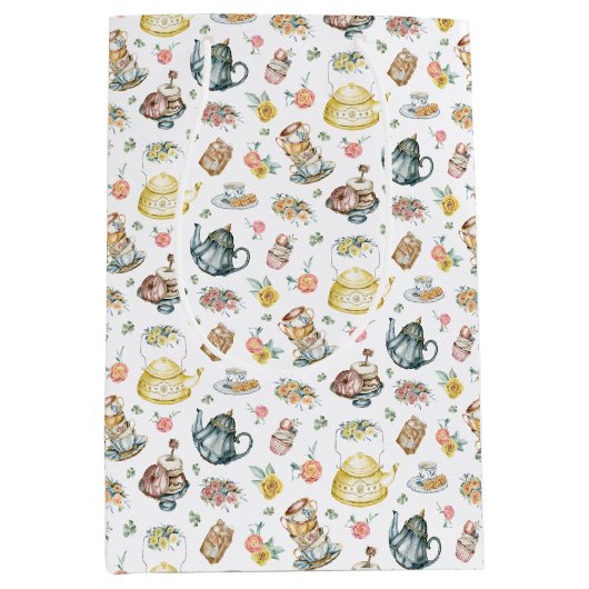 Middagthee & Rozen Patroon op Wit Medium Cadeauzakje (Voorkant)