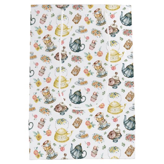 Middagthee & Rozen Patroon op Wit Medium Cadeauzakje (Achterkant)