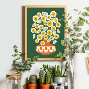 Midde-modderwitte bloemen in het terracotta-vase-P Poster