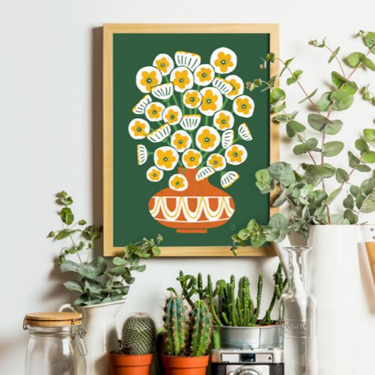 Midde-modderwitte bloemen in het terracotta-vase-P Poster