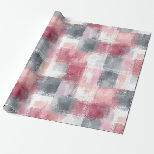 Middel abstract geruit roze en grijs cadeaupapier (Uitgerold)
