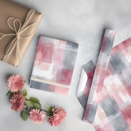 Middel abstract geruit roze en grijs cadeaupapier
